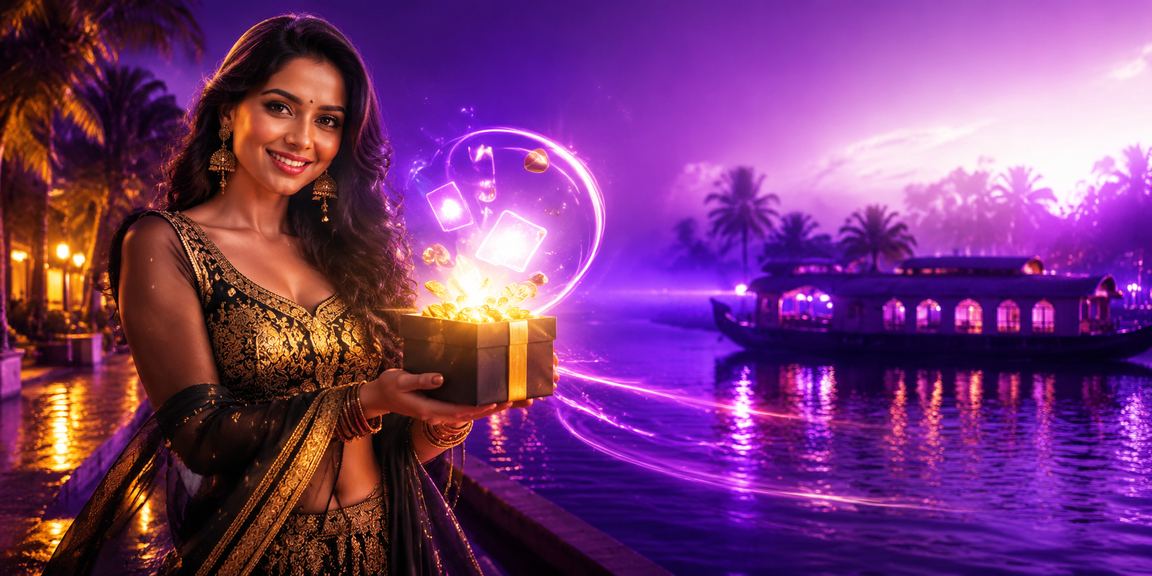Mobile payment with vibrant neon Kerala backwaters background